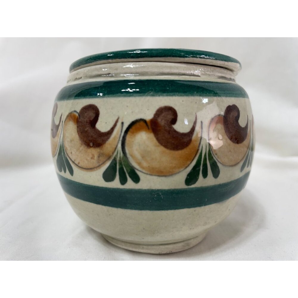 Mexican HandPainted Ceramic Jar w Lid Bird Floral Design Green & Brown Accents